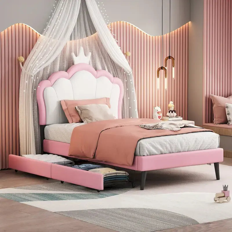 Lit plateforme capitonné Tête de lit Couronne 2 tiroirs de rangement Cuir synthétique rose et blanc