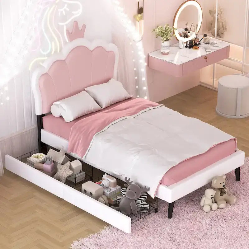 Lit plateforme capitonné Tête de lit Couronne 2 tiroirs de rangement Cuir synthétique rose et blanc