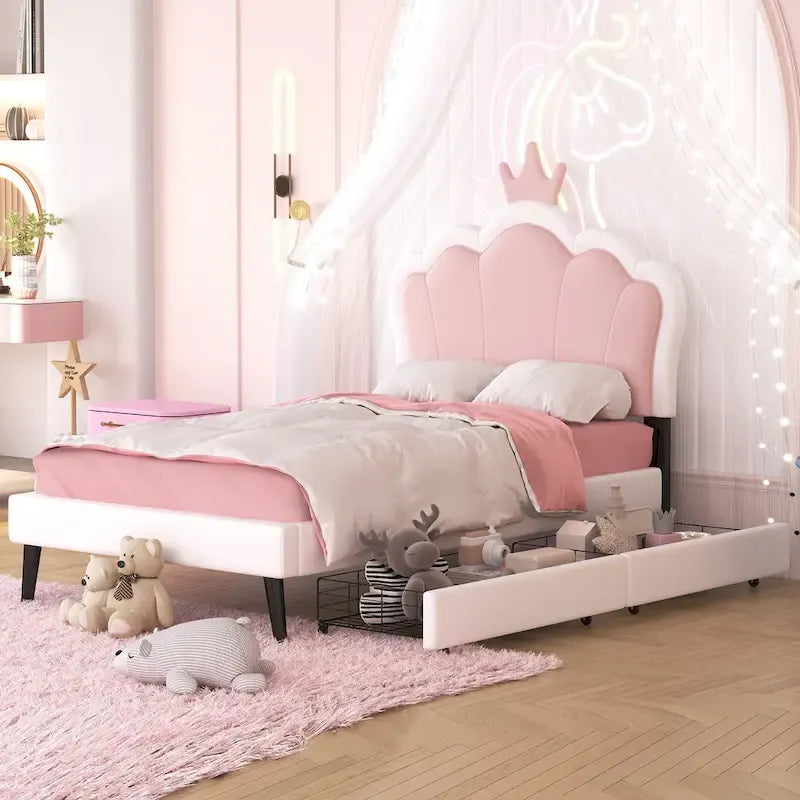 Lit plateforme capitonné Tête de lit Couronne 2 tiroirs de rangement Cuir synthétique rose et blanc