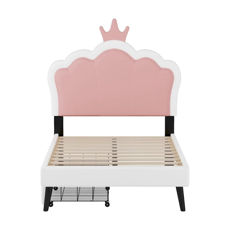 Lit plateforme capitonné Tête de lit Couronne 2 tiroirs de rangement Cuir synthétique rose et blanc