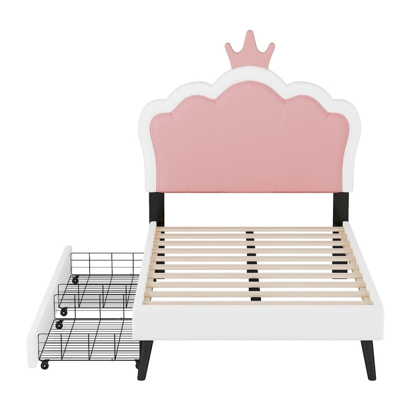 Lit plateforme capitonné Tête de lit Couronne 2 tiroirs de rangement Cuir synthétique rose et blanc