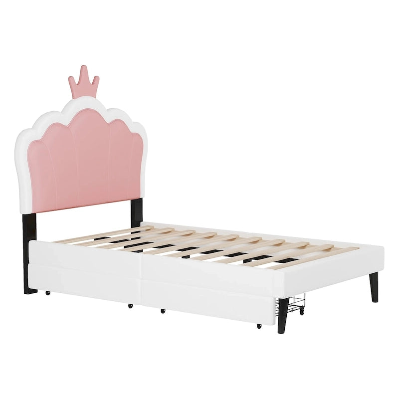 Lit plateforme capitonné Tête de lit Couronne 2 tiroirs de rangement Cuir synthétique rose et blanc