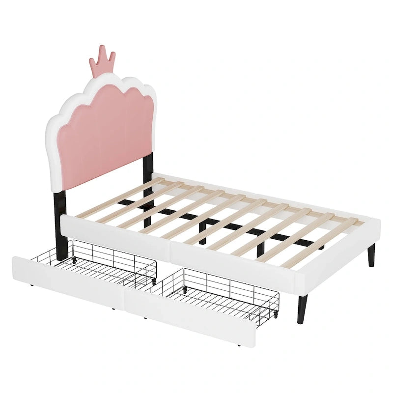 Lit plateforme capitonné Tête de lit Couronne 2 tiroirs de rangement Cuir synthétique rose et blanc