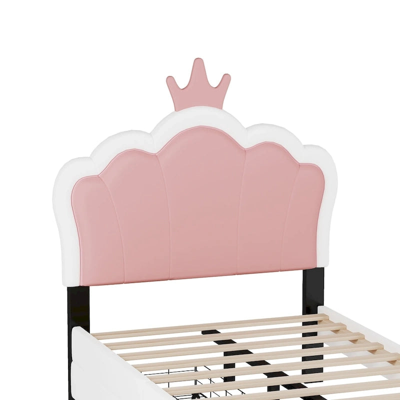 Lit plateforme capitonné Tête de lit Couronne 2 tiroirs de rangement Cuir synthétique rose et blanc