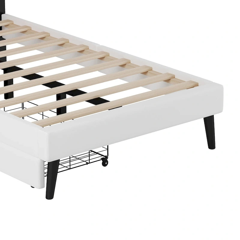 Lit plateforme capitonné Tête de lit Couronne 2 tiroirs de rangement Cuir synthétique rose et blanc
