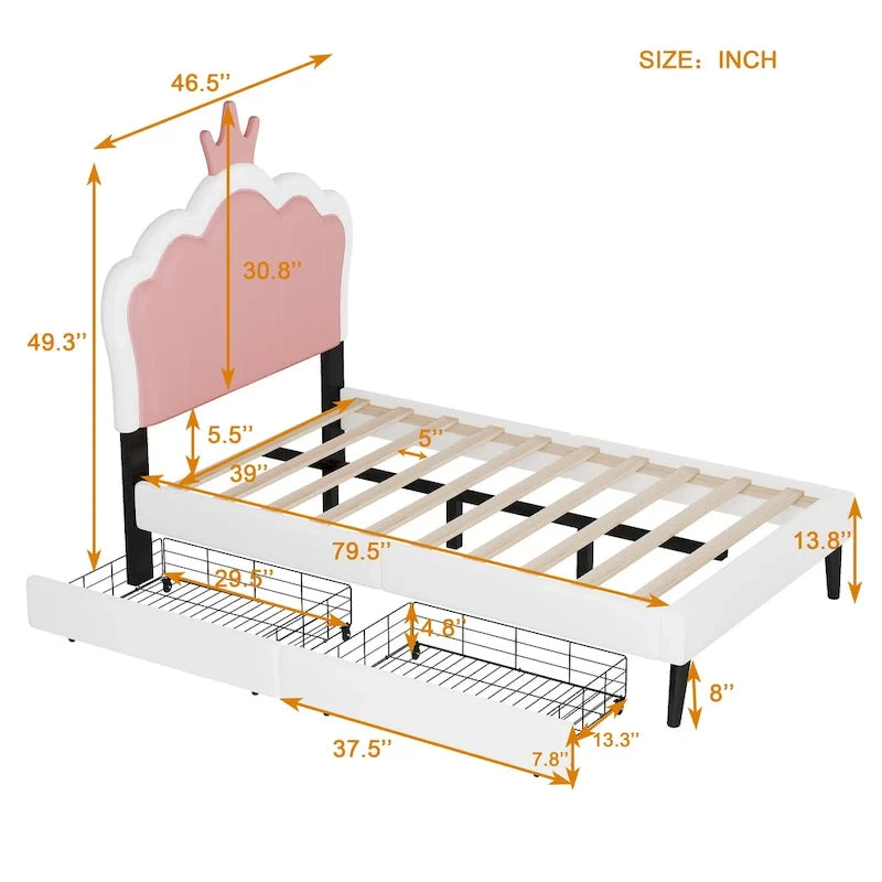 Lit plateforme capitonné Tête de lit Couronne 2 tiroirs de rangement Cuir synthétique rose et blanc