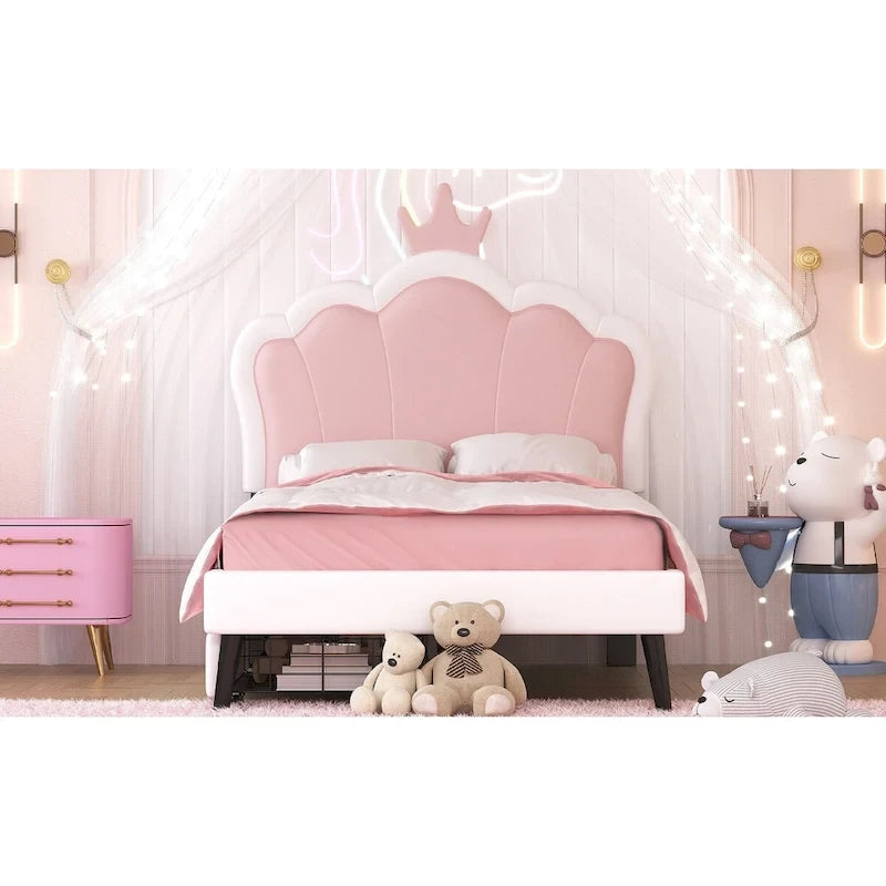Lit plateforme capitonné Tête de lit Couronne 2 tiroirs de rangement Cuir synthétique rose et blanc