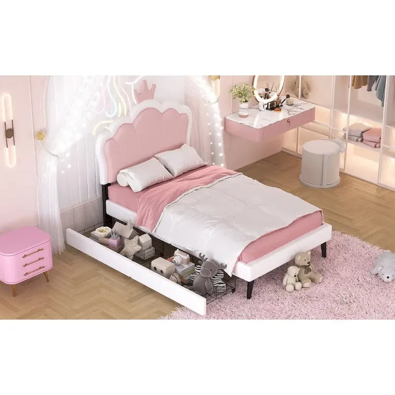 Lit plateforme capitonné Tête de lit Couronne 2 tiroirs de rangement Cuir synthétique rose et blanc