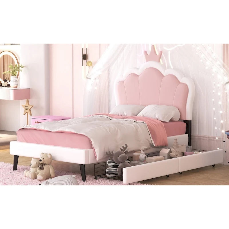 Lit plateforme capitonné Tête de lit Couronne 2 tiroirs de rangement Cuir synthétique rose et blanc