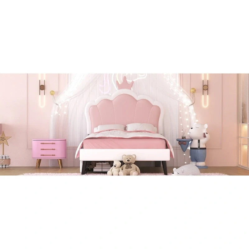 Lit plateforme capitonné Tête de lit Couronne 2 tiroirs de rangement Cuir synthétique rose et blanc