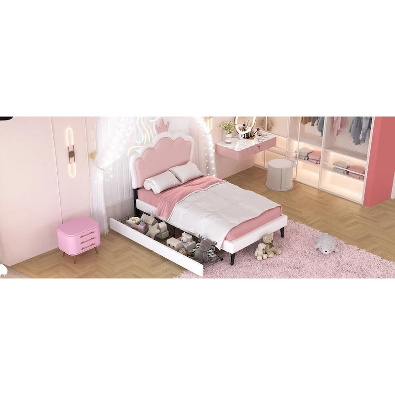 Lit plateforme capitonné Tête de lit Couronne 2 tiroirs de rangement Cuir synthétique rose et blanc