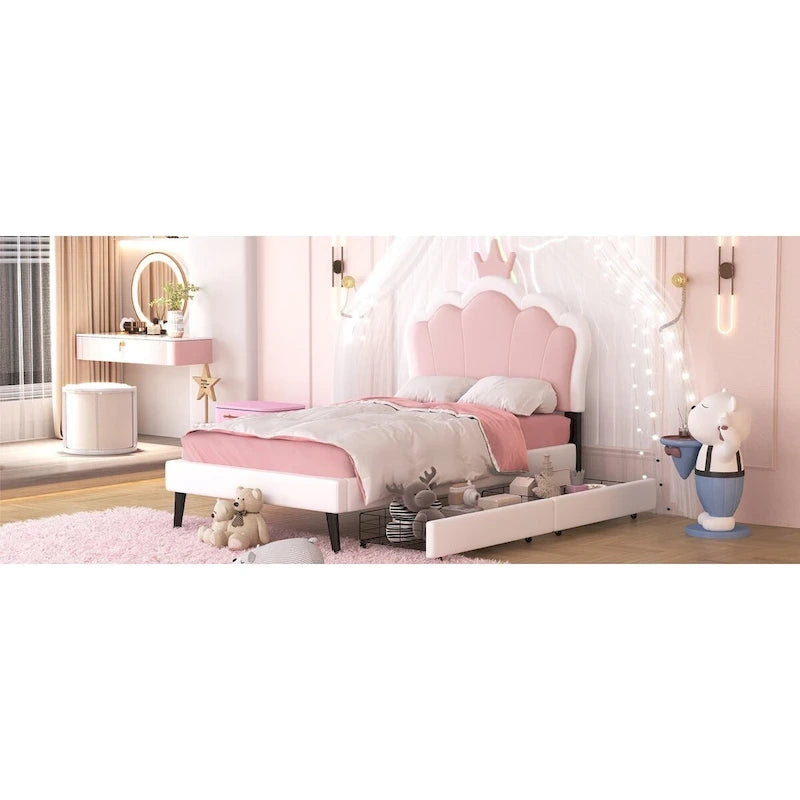 Lit plateforme capitonné Tête de lit Couronne 2 tiroirs de rangement Cuir synthétique rose et blanc