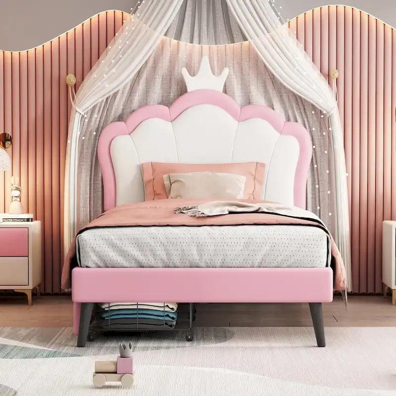Lit plateforme capitonné Tête de lit Couronne 2 tiroirs de rangement Cuir synthétique rose et blanc