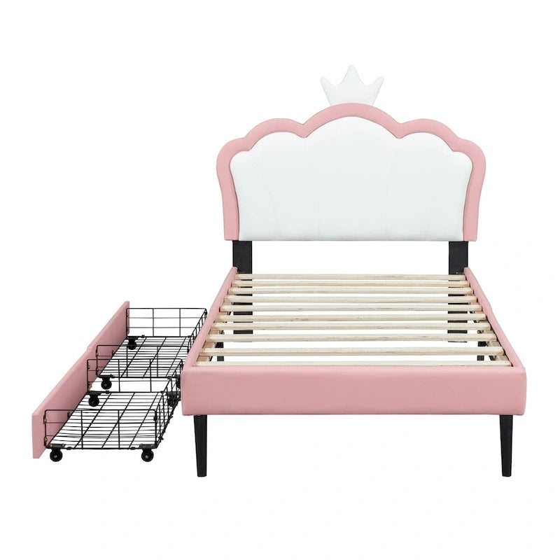 Lit plateforme capitonné Tête de lit Couronne 2 tiroirs de rangement Cuir synthétique rose et blanc