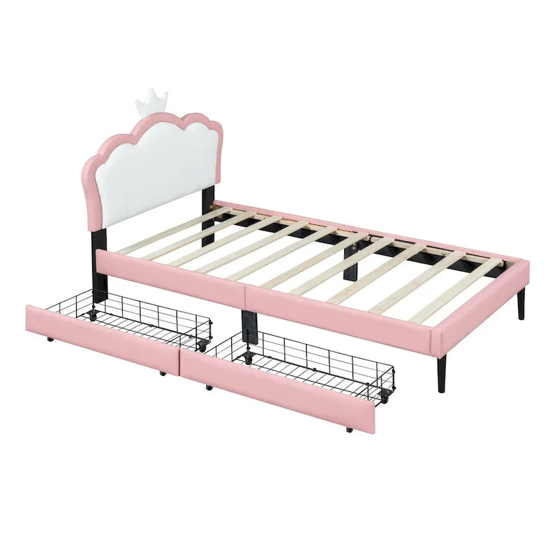 Lit plateforme capitonné Tête de lit Couronne 2 tiroirs de rangement Cuir synthétique rose et blanc