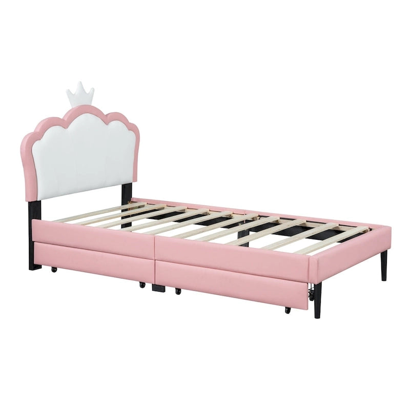 Lit plateforme capitonné Tête de lit Couronne 2 tiroirs de rangement Cuir synthétique rose et blanc