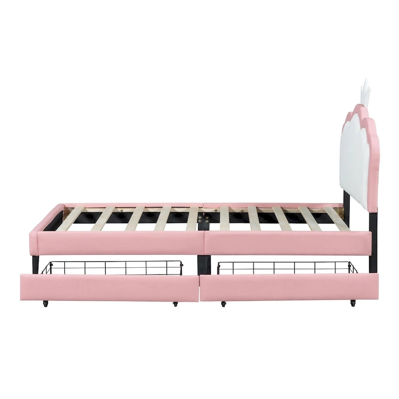 Lit plateforme capitonné Tête de lit Couronne 2 tiroirs de rangement Cuir synthétique rose et blanc