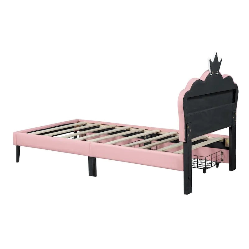 Lit plateforme capitonné Tête de lit Couronne 2 tiroirs de rangement Cuir synthétique rose et blanc