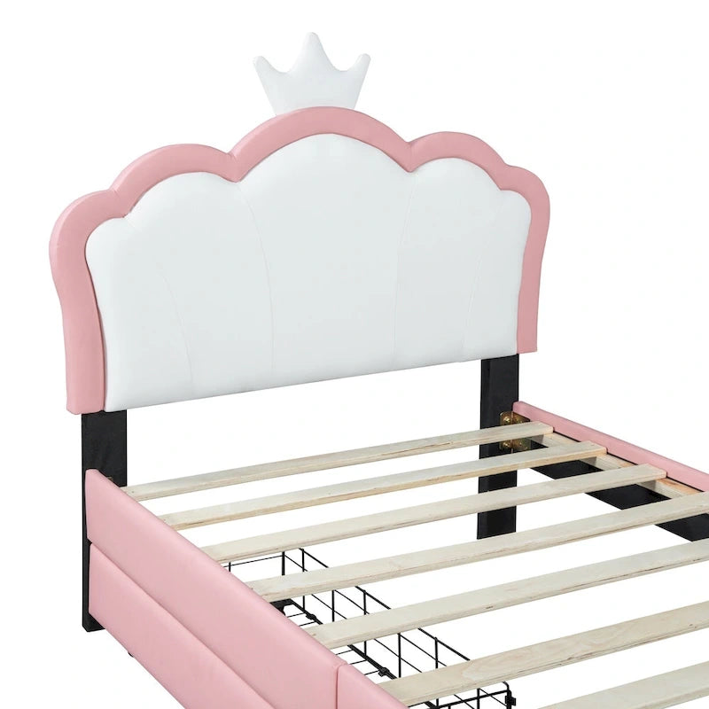 Lit plateforme capitonné Tête de lit Couronne 2 tiroirs de rangement Cuir synthétique rose et blanc
