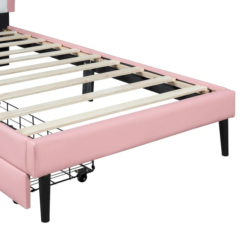 Lit plateforme capitonné Tête de lit Couronne 2 tiroirs de rangement Cuir synthétique rose et blanc