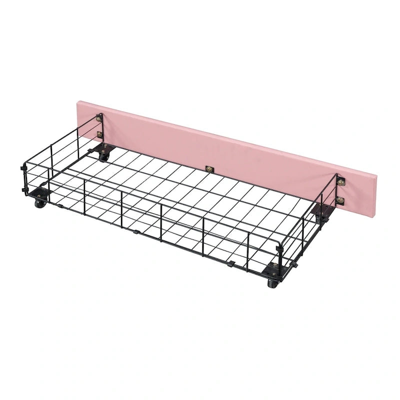 Lit plateforme capitonné Tête de lit Couronne 2 tiroirs de rangement Cuir synthétique rose et blanc