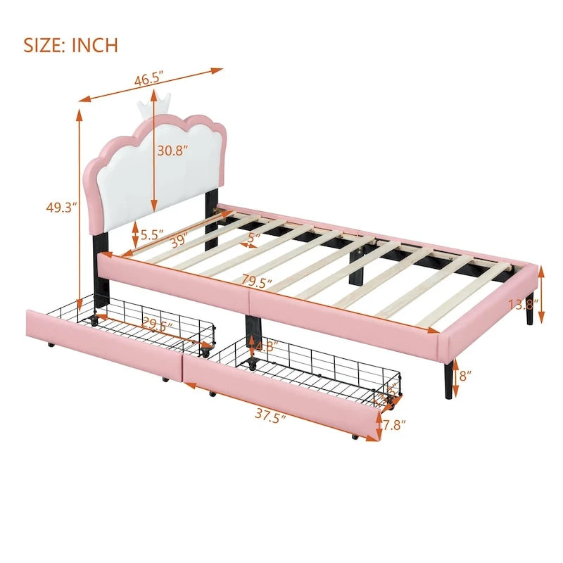Lit plateforme capitonné Tête de lit Couronne 2 tiroirs de rangement Cuir synthétique rose et blanc