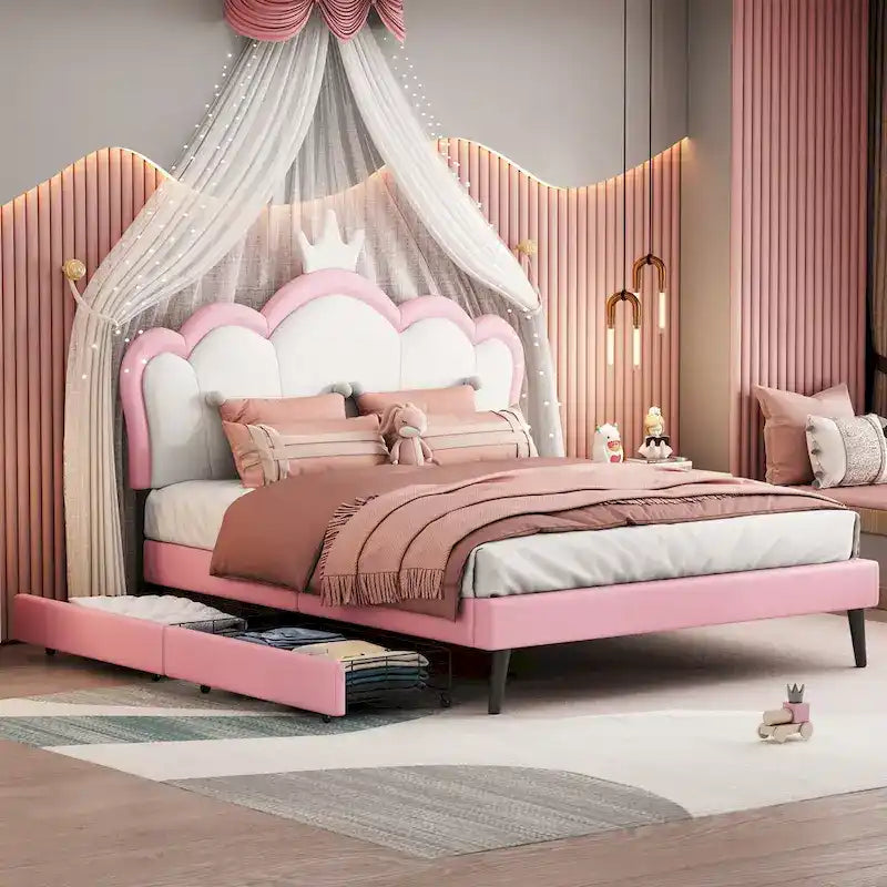 Lit plateforme capitonné Tête de lit Couronne 2 tiroirs de rangement Cuir synthétique rose et blanc