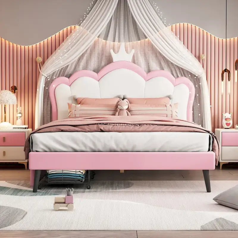 Lit plateforme capitonné Tête de lit Couronne 2 tiroirs de rangement Cuir synthétique rose et blanc