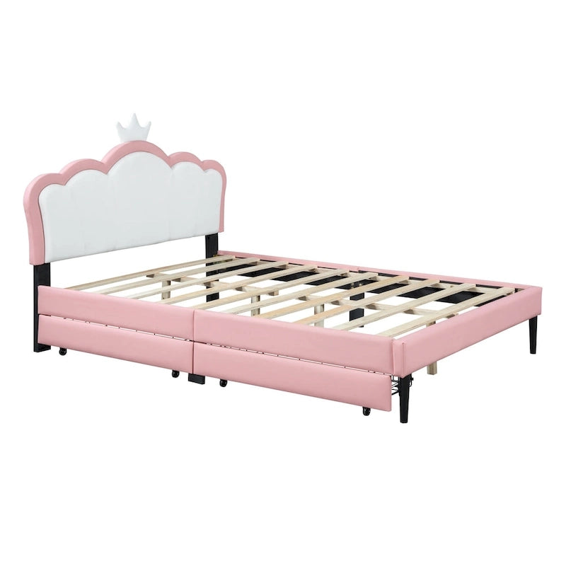 Lit plateforme capitonné Tête de lit Couronne 2 tiroirs de rangement Cuir synthétique rose et blanc