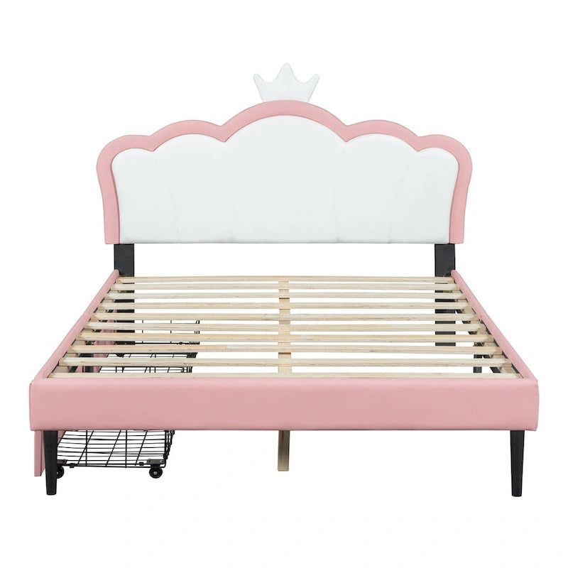 Lit plateforme capitonné Tête de lit Couronne 2 tiroirs de rangement Cuir synthétique rose et blanc