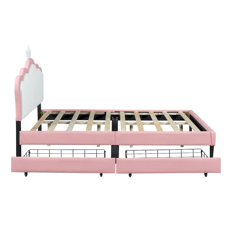 Lit plateforme capitonné Tête de lit Couronne 2 tiroirs de rangement Cuir synthétique rose et blanc