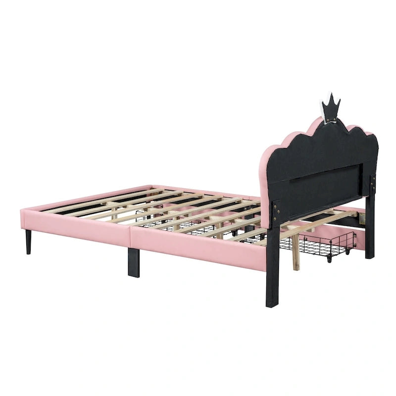 Lit plateforme capitonné Tête de lit Couronne 2 tiroirs de rangement Cuir synthétique rose et blanc