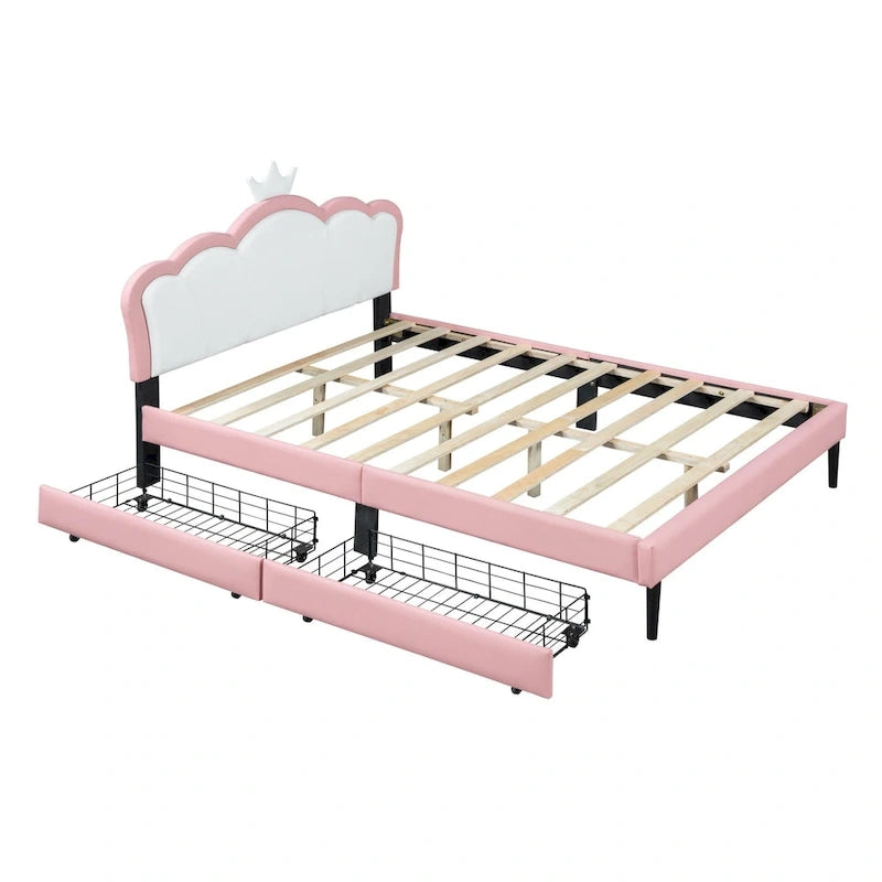Lit plateforme capitonné Tête de lit Couronne 2 tiroirs de rangement Cuir synthétique rose et blanc