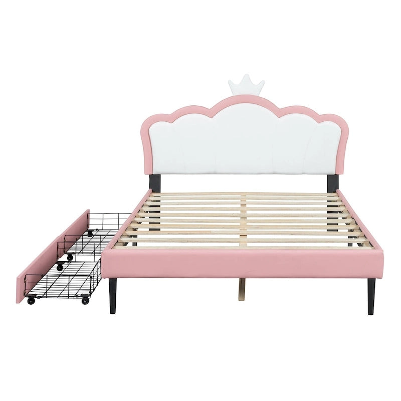 Lit plateforme capitonné Tête de lit Couronne 2 tiroirs de rangement Cuir synthétique rose et blanc