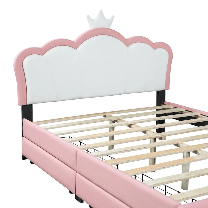 Lit plateforme capitonné Tête de lit Couronne 2 tiroirs de rangement Cuir synthétique rose et blanc
