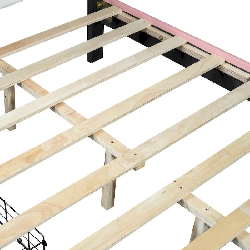 Lit plateforme capitonné Tête de lit Couronne 2 tiroirs de rangement Cuir synthétique rose et blanc