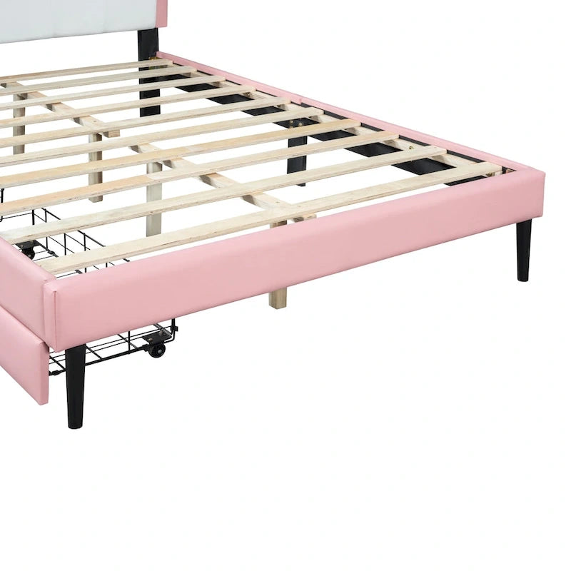 Lit plateforme capitonné Tête de lit Couronne 2 tiroirs de rangement Cuir synthétique rose et blanc