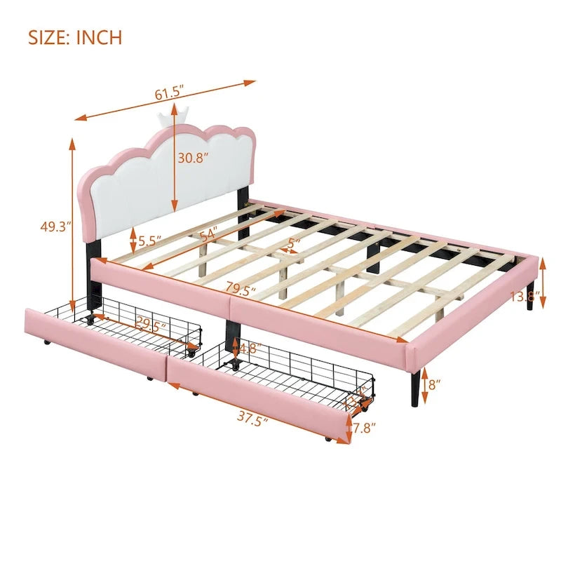 Lit plateforme capitonné Tête de lit Couronne 2 tiroirs de rangement Cuir synthétique rose et blanc
