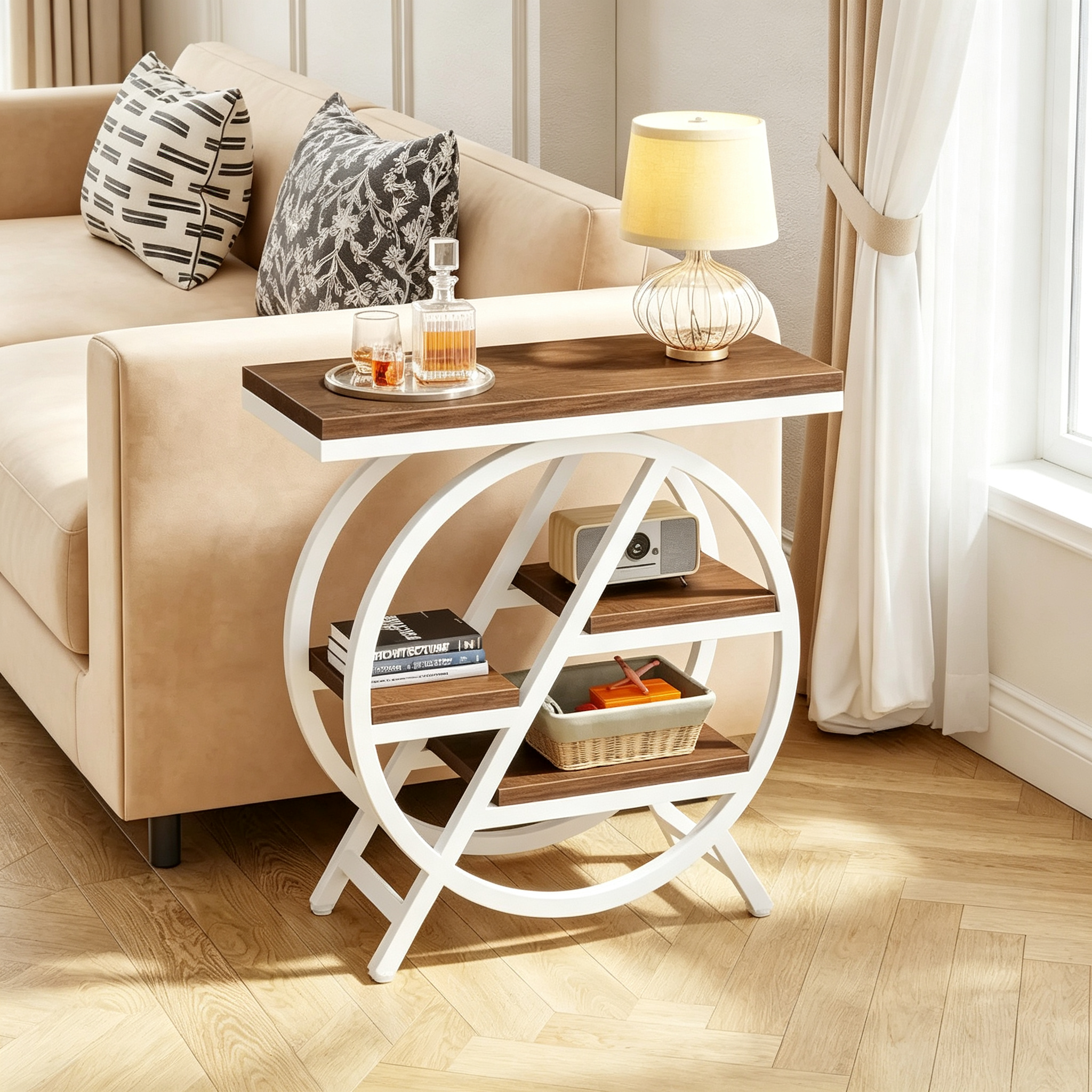 Table d'appoint ronde à 3 niveaux avec étagères de rangement ouvertes, marron et blanc