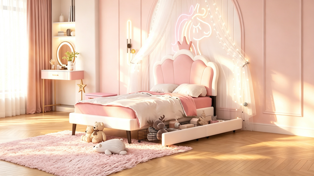 Lit plateforme capitonné Tête de lit Couronne 2 tiroirs de rangement Cuir synthétique rose et blanc