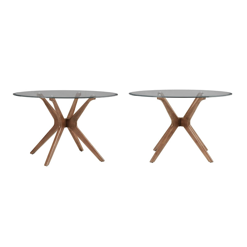 Table à manger ronde Mid-Century avec plateau en verre et base en bois de noyer