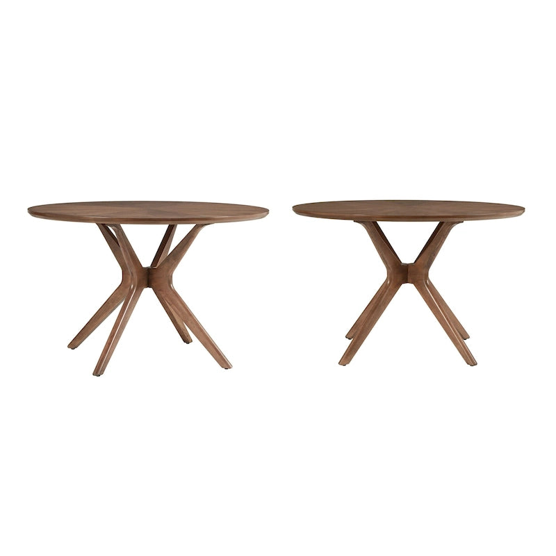 Table à manger ronde Mid-Century avec plateau en verre et base en bois de noyer