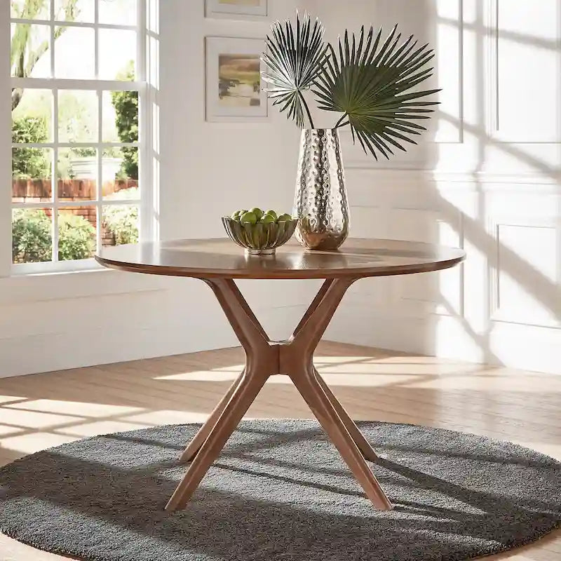 Table à manger ronde Mid-Century avec plateau en verre et base en bois de noyer