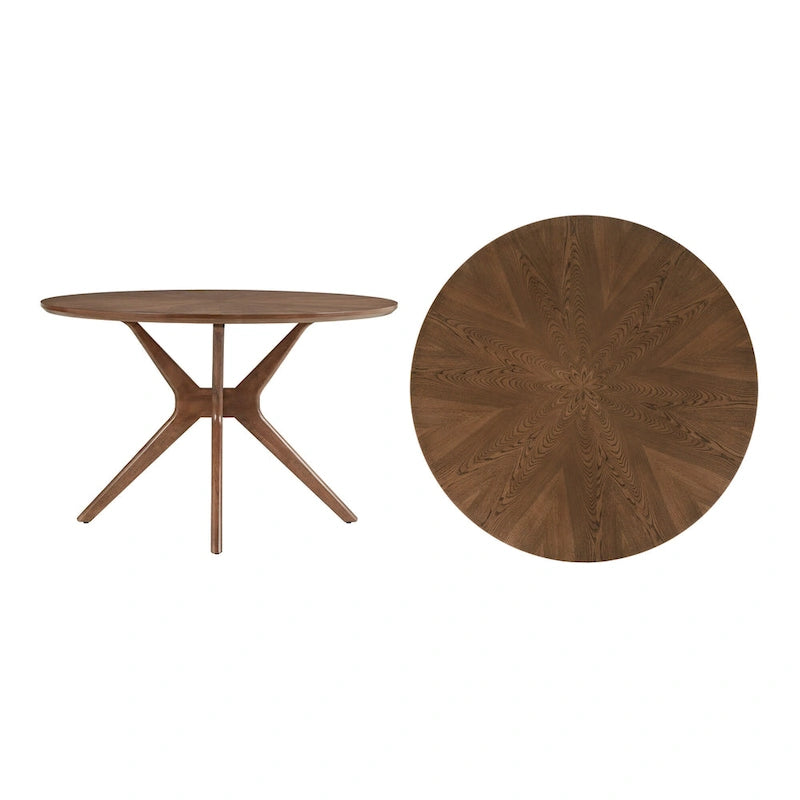 Table à manger ronde Mid-Century avec plateau en verre et base en bois de noyer