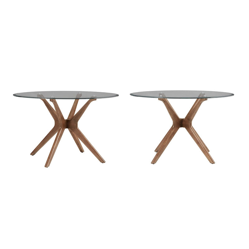 Table à manger ronde Mid-Century avec plateau en verre et base en bois de noyer