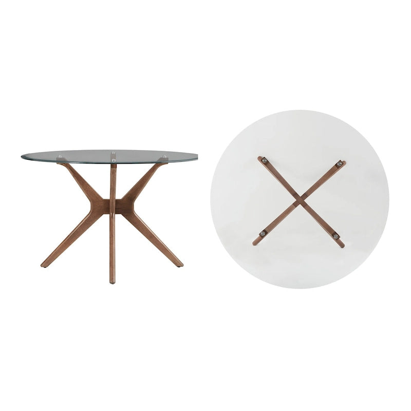 Table à manger ronde Mid-Century avec plateau en verre et base en bois de noyer
