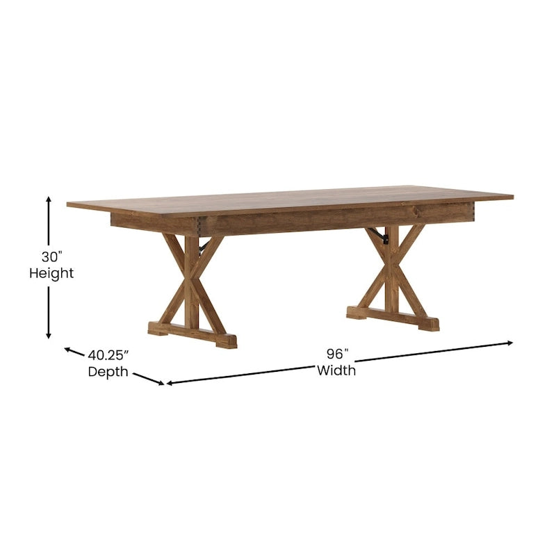 Table à manger pliante rectangulaire en pin massif avec pieds en X, blanc rustique antique