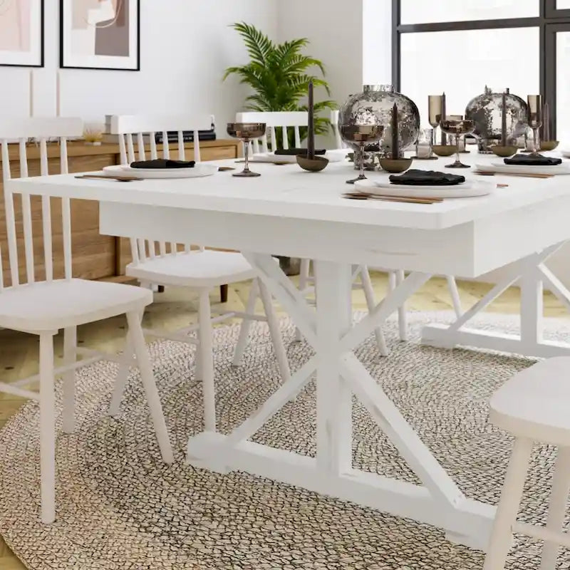 Table à manger pliante rectangulaire en pin massif avec pieds en X, blanc rustique antique