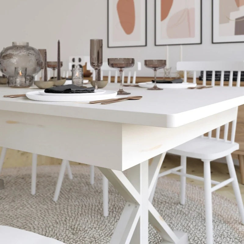 Table à manger pliante rectangulaire en pin massif avec pieds en X, blanc rustique antique
