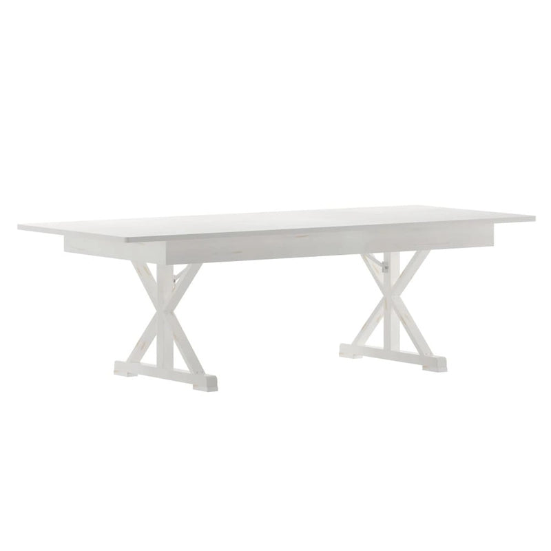 Table à manger pliante rectangulaire en pin massif avec pieds en X, blanc rustique antique
